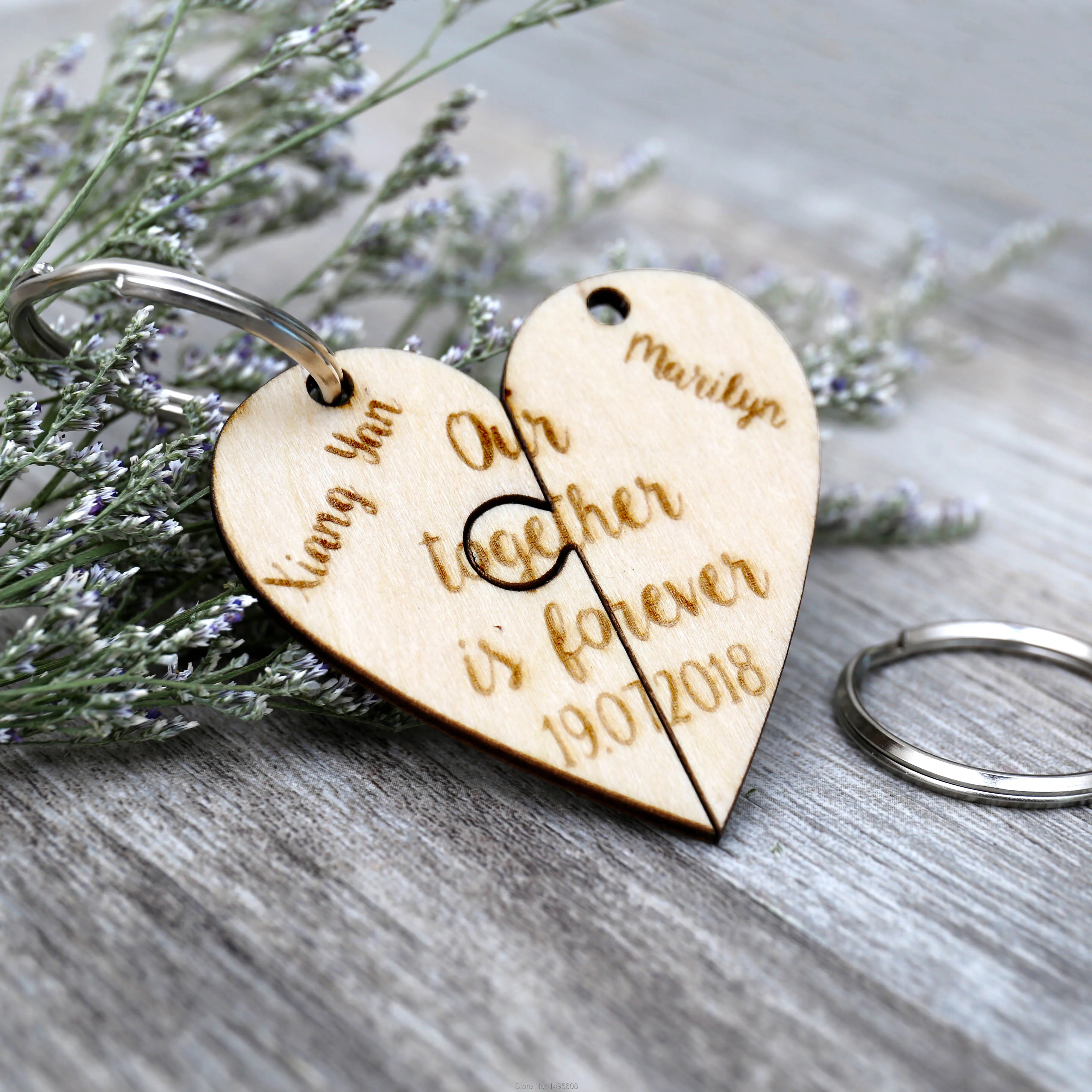 Personalized Rustic wood heart Jigsaw puzzle KeyChain name engraved wooden Keyring decoration Anniversary gift for wedding party