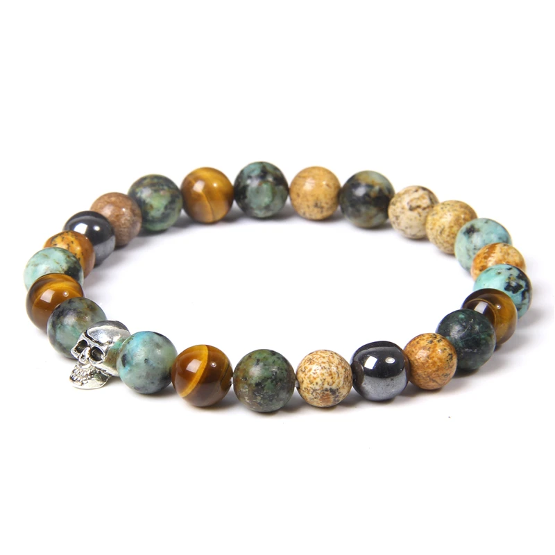 Schädel Armbänder Für Männer Frauen Natürliche Stein Tigerauge Armband Malachit Labradorit 8MM Perlen Stretch Armreifen Punk Schmuck – Detail 9