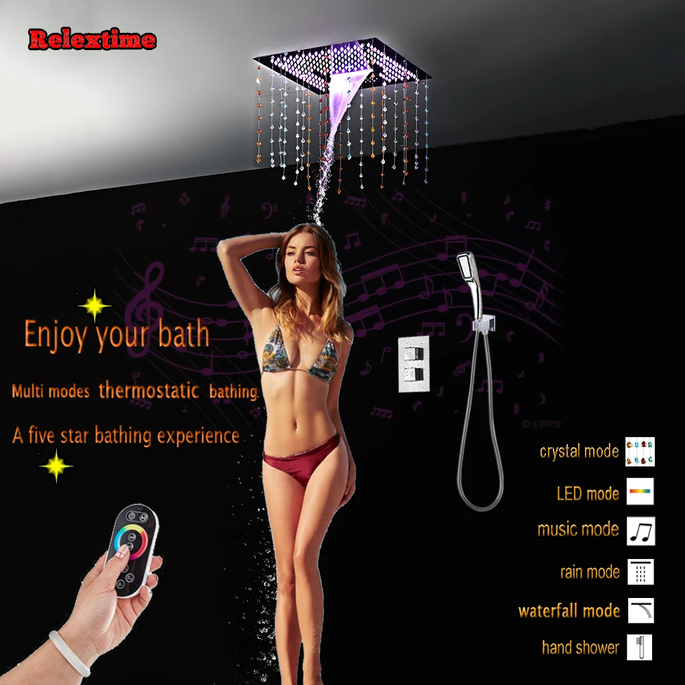 Crystal Quartz Bluetooth LED Music Ceiling Shower head Bathroom Shower Set Multifunction Concealed Thermostatic Shower Mixer Tap