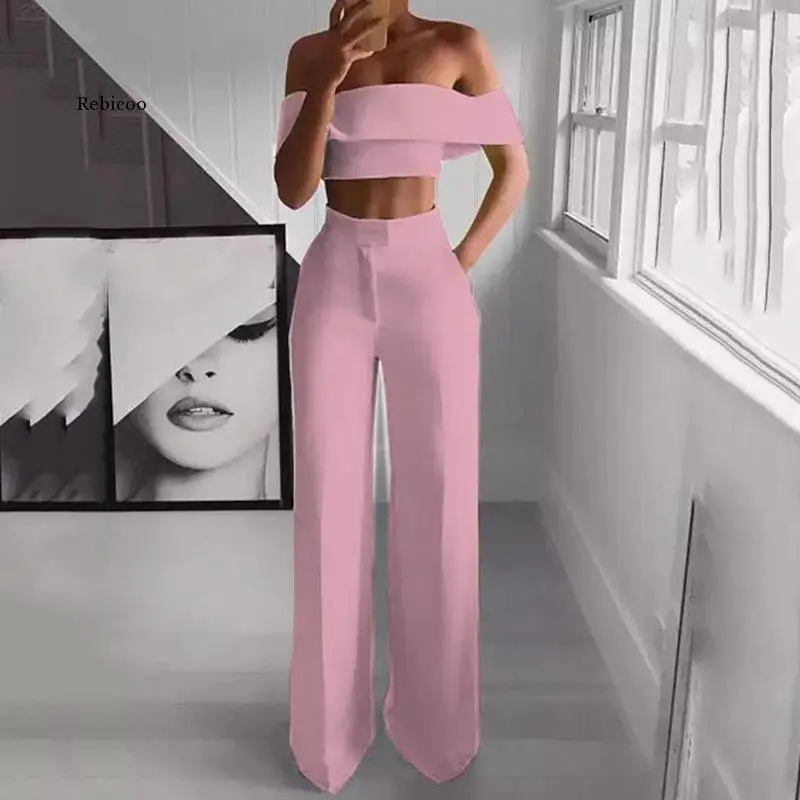 Summer Style 2Pcs Off Shoulder Crop Top Straight Pants Set for Women 2021 Sexy Outfit Yellow White Pink Black Two Piece Set Suit