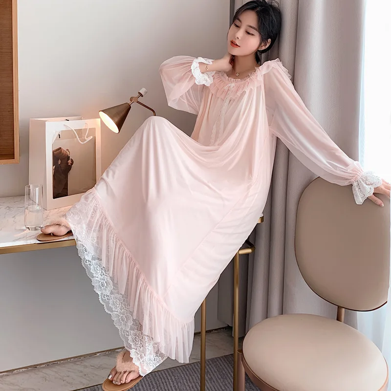 

Fashion Sleepshirts Nightgown Ladies Lingerie Womens Sexy Sleepwear Long Sleeve Nightdress Nightwear Lace Palace Style Dress