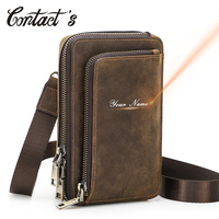 Contact's Crazy Horse Leather Engraving Shoulder Bag Small Phone Pouch Bags Waist Pack Crossbody Bag For Men Casual Handbags