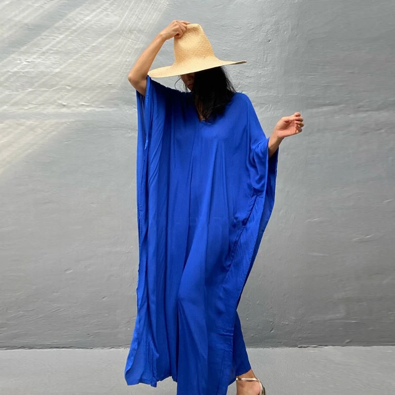 Klein Blue Kaftan Oversized Pure Colore Maxi-Dress Avant-Garde Simple Loose Robe Tunic Minimalism Design Caftan Timeless Dress