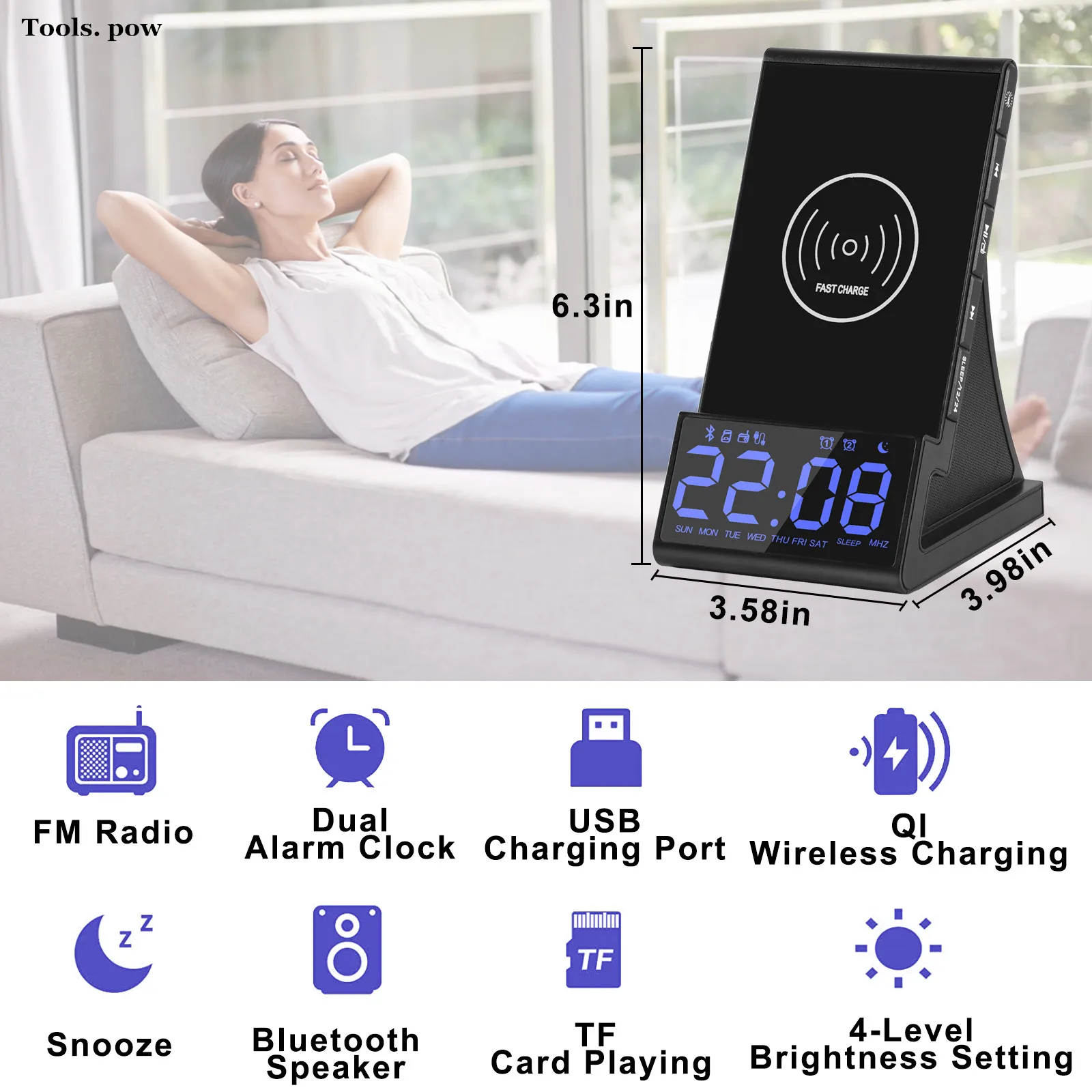 4 In 1 Smart Alarm Clock, Bluetooth Speaker with FM Radio USB Wireless Charger Support TF Card Home Electric Clock for  Bedroom