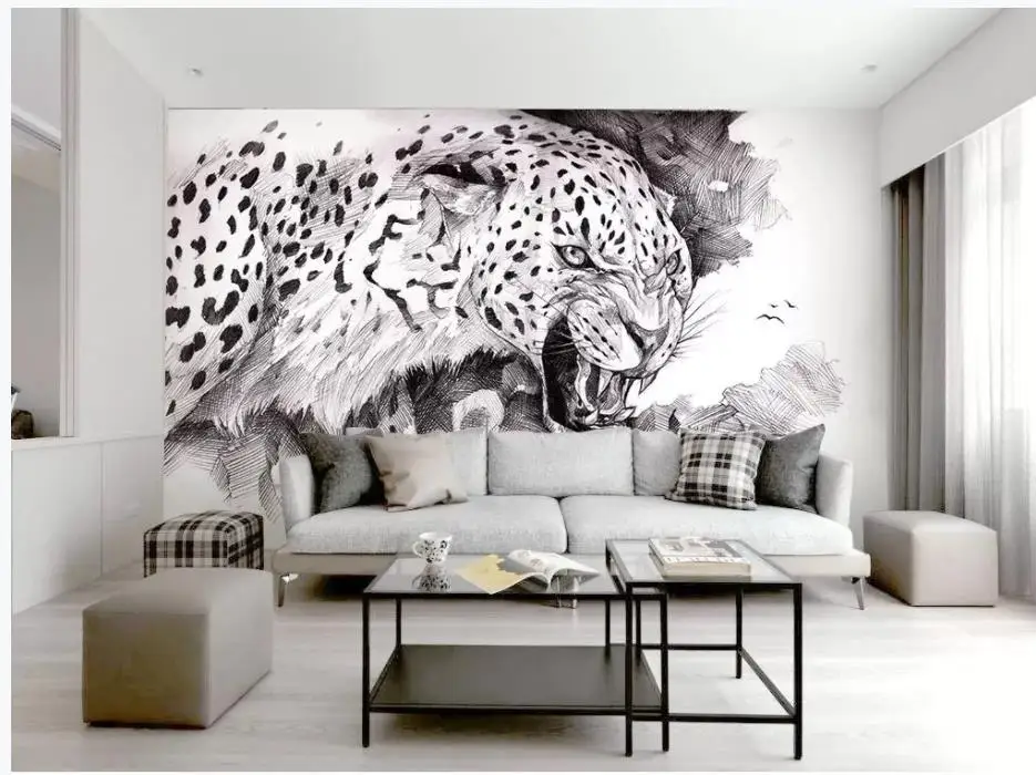 Modern Custom 3D Wallpaper Black and white sketch fashion simple leopard leopard animal TV background wall