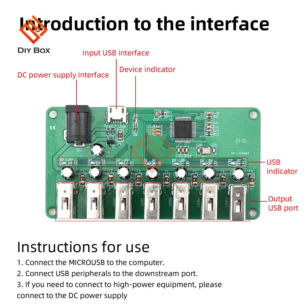 USB HUB Splitter 1 to 7 Port USB Hub Seven Port USB Splitter Module with Power Supply USB 2.0 Expansion