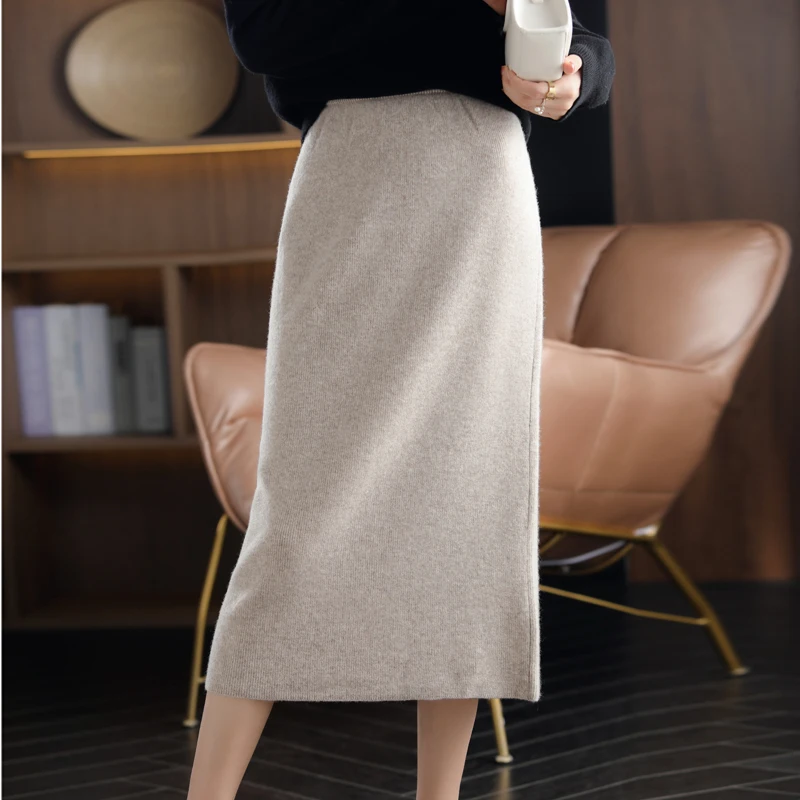 RONGYI 100%Wool Skirt 2024 Autumn Winter Mid-length Skirt Women High Waisted Cashmere High End Thick A-Line Knit Wild Base Skirt