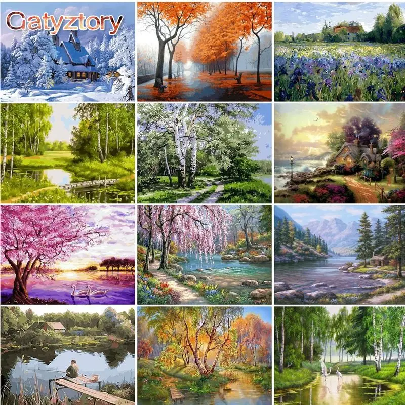 GATYZTORY 60x75cm Frameless painting by numbers four seasons Landscape On Canvas pictures by numbers Home Decoration DIY For Uni