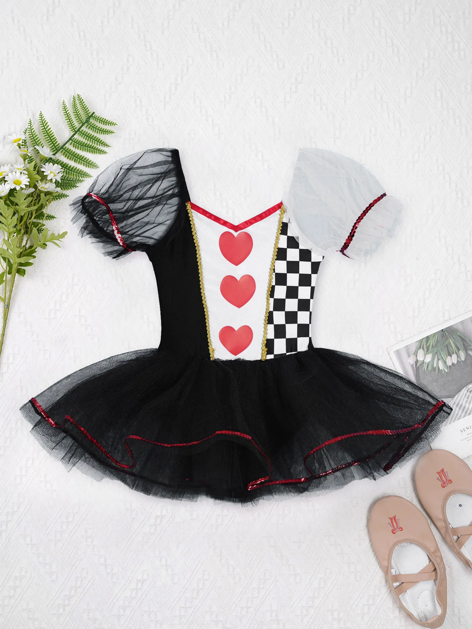 Kids Girls Ballet Tutu Dress Ballerina Short Sleeve Checkerboard Dancewear Jumpsuit Halloween Cosplay Stage Performance Costume