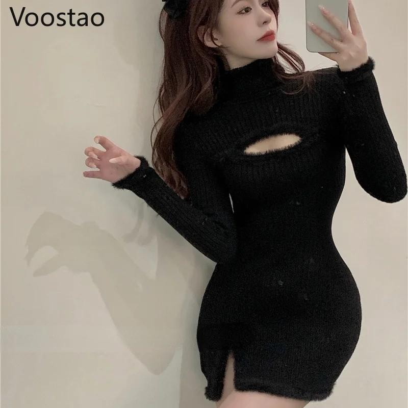 Spring Autumn Tight Split White Turtleneck Knitted Dress Mini Wrap Hip Sexy Slim Black Long Sleeve Hollow Out Sweater Vestidos