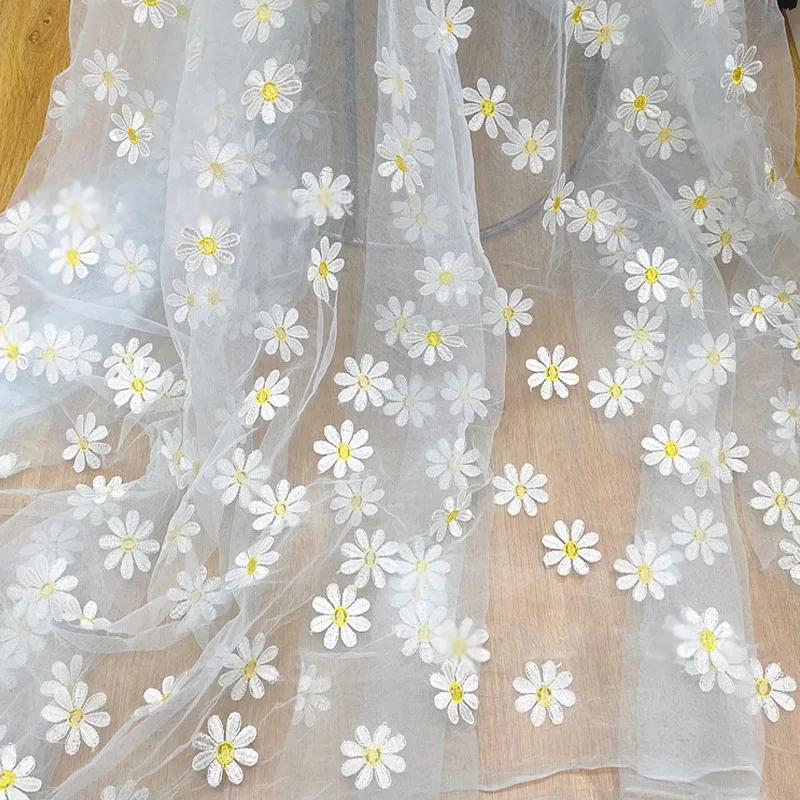 Soft Adorable Daisy Floral Embroidery Tulle Mesh Fabric For Girl Dress Costume Design White Black DIY Curtain Clothing