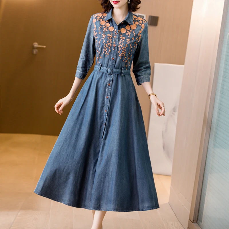 TIYIHAILEY Free Shipping 2022 Three Quarter Sleeve Long Mid-calf Denim Women Vintage Turn Down Collar Embroidery Dress S-2XL