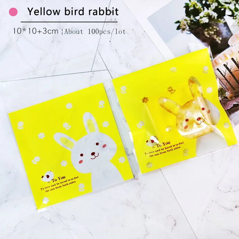 100pcs/lot Cookies Self Adhesive Bag Yellow Frosted Transparent Cartoon Rabbit handmade Baked Soap Biscuit Party plastic Packing