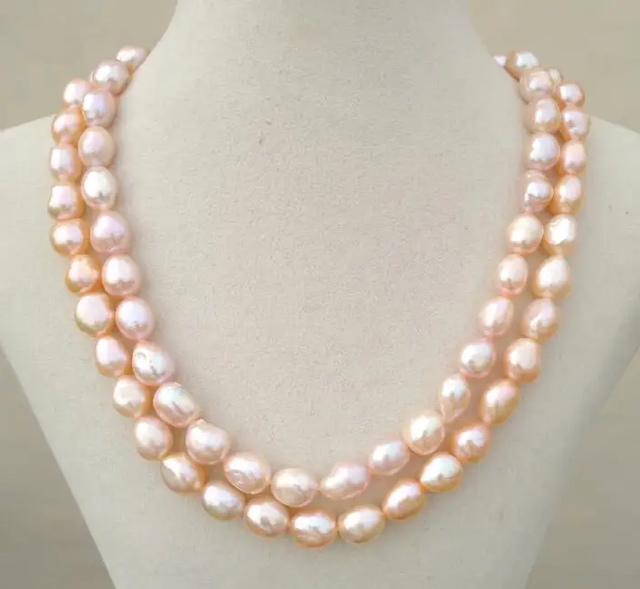 Double Strand 8-10mm Genuine Natural South Sea Golden Pink Real Pearl Necklace Opera Length Free Shipping At Party Wedding