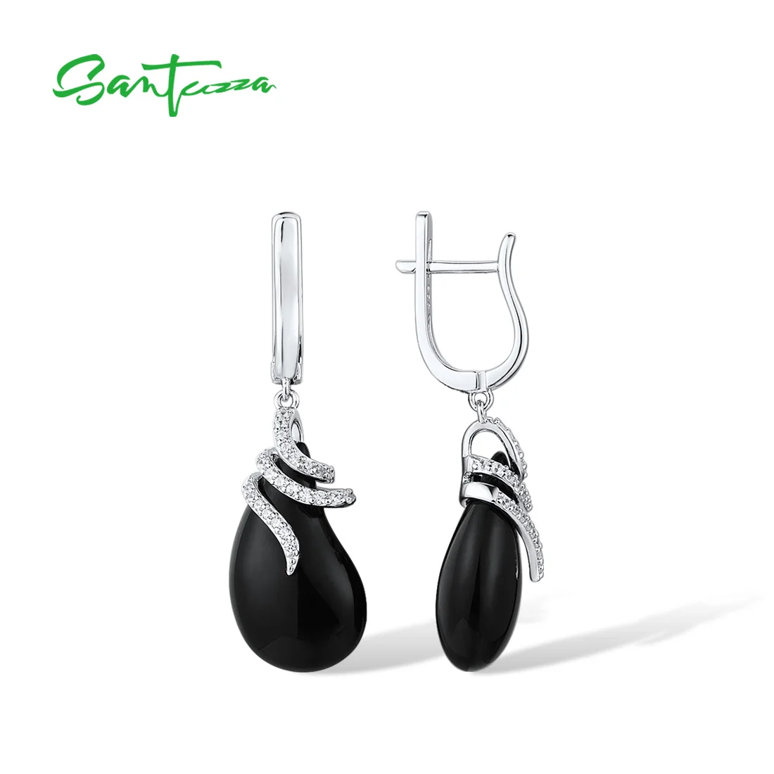 

Женские серьги SANTUZZA из чистого серебра 925 пробы, сверкающие белые серьги с кубическим цирконием, черные керамические модные серьги, ювелирные украшения