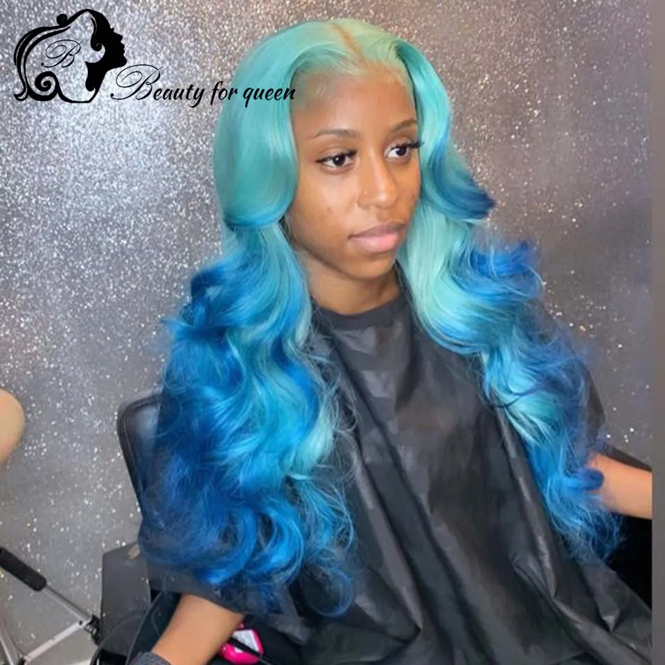 Wig Rambut Manusia Renda Depan Biru Ombre Wig Frontal Renda Transparan HD Remy Brasil untuk Wanita Kulit Hitam Wig Depan Renda Gelombang Tubuh