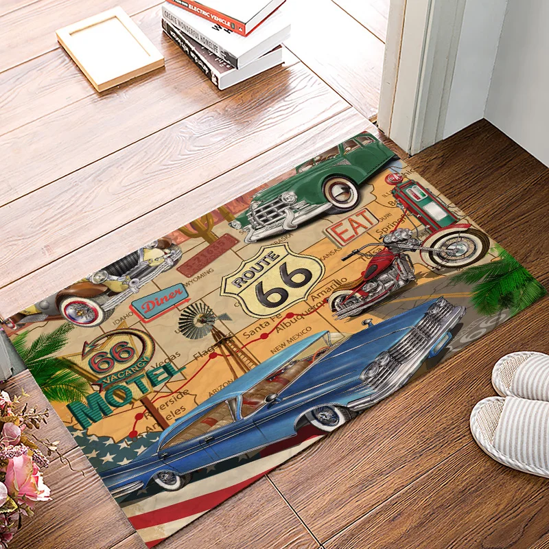 Retro Route 66 Poster Bathroom Accessories Set Dirt Debris Mud Trapper Boot Shoes Scraper Area Runners Personalized Door Mats