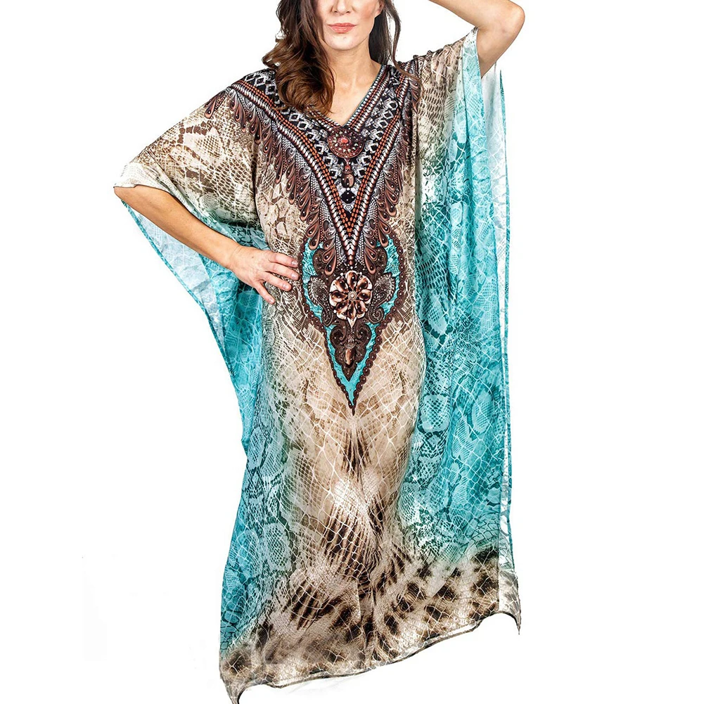 

Bsubseach Women Ethnic Print Kaftan Beach Maxi Dress Batwing Sleeve Plus Size Bathing Suit Cover Ups