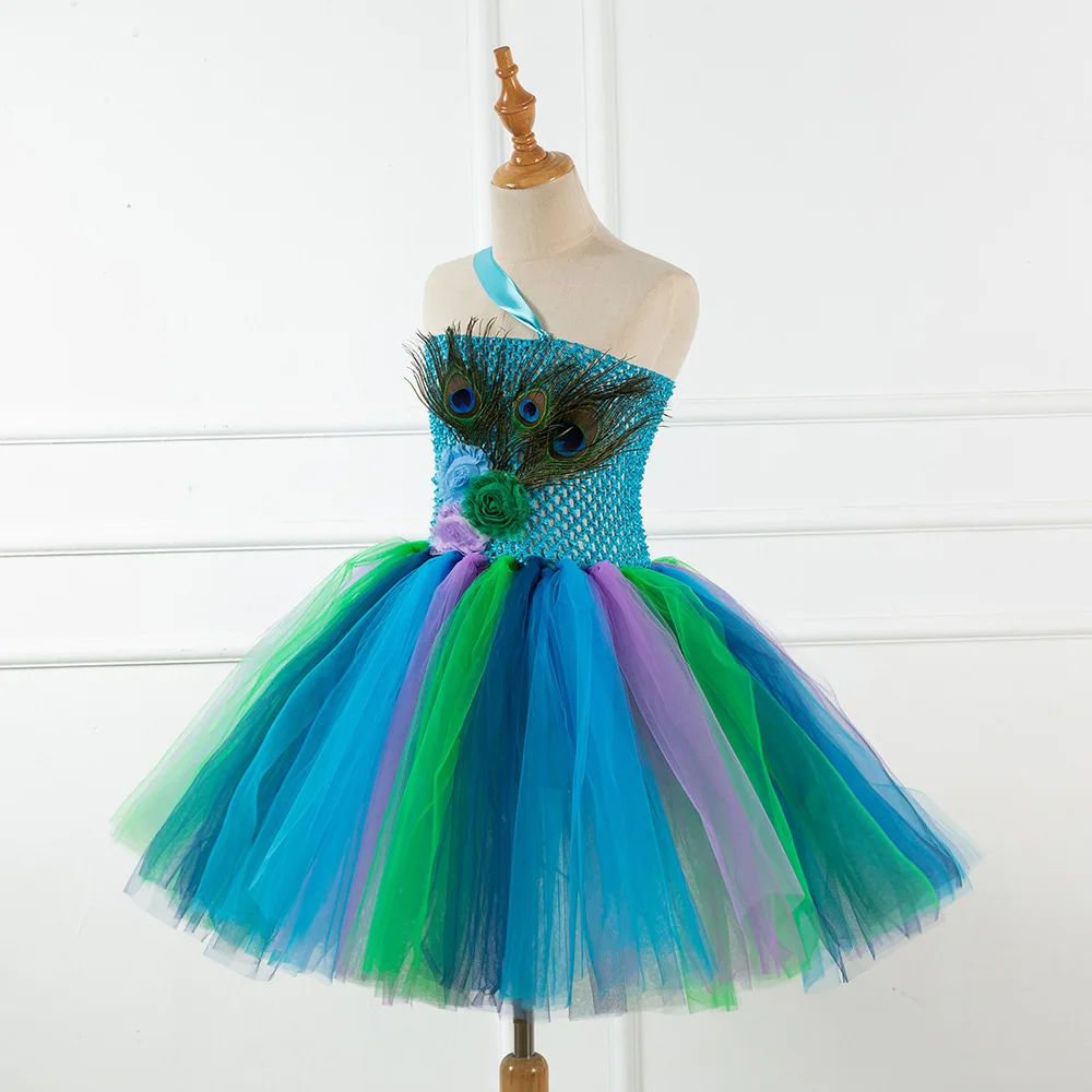 New Brand Peacock Flower Kids Girls Clothes for Birthday Party Blue Peacock Feather Toddler Baby Girls Tutu Dresses 1-12 Year