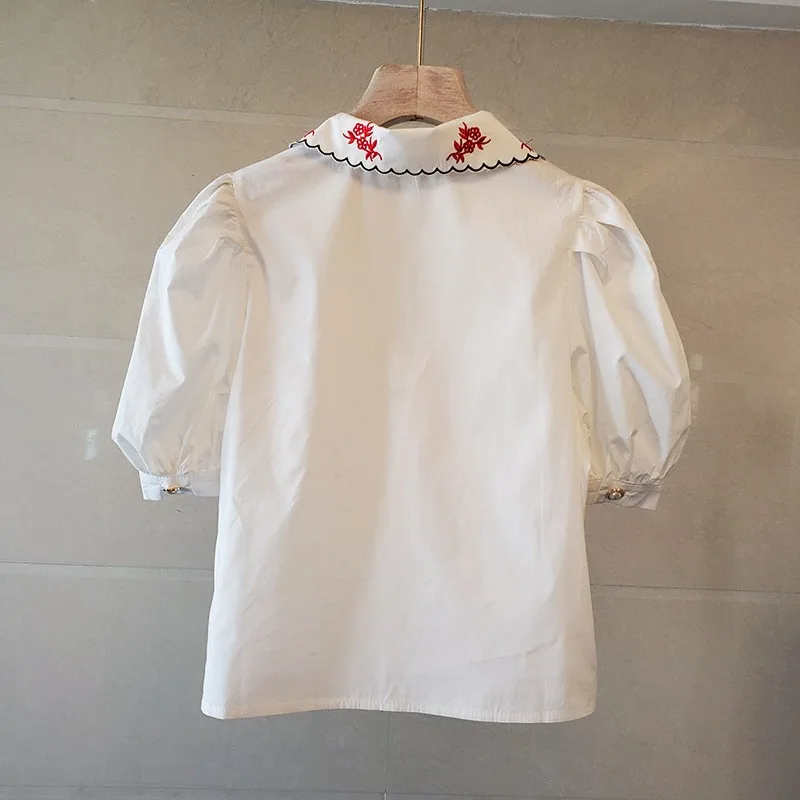 Puff Sleeve Embroidery Short-Sleeve Shirts Office Lady Lapel Single-Breasted Short Tops Women Soft Elastic White Elegant Blouse