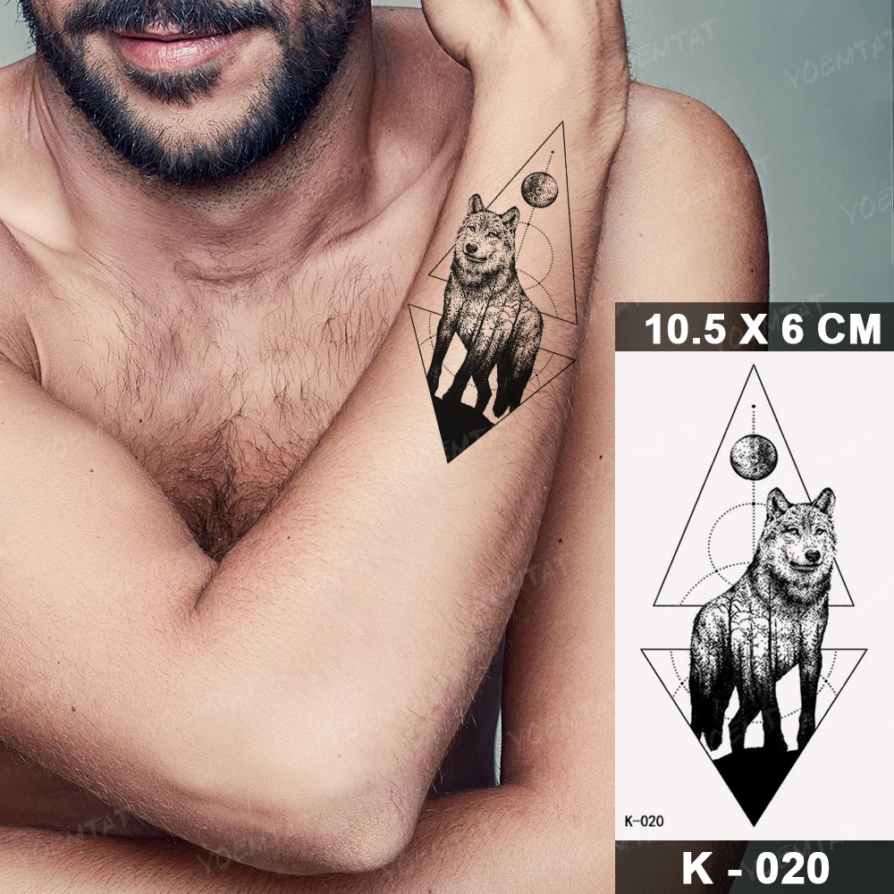 Pegatina de tatuaje temporal a prueba de agua, tatuajes falsos, arte corporal realista, Animal, Lobo, Rosa en el brazo, tatuaje negro para hombres,