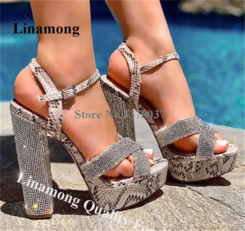 

Linamong Bling Bling Rhinestone High Platform Snake Leather Chunky Heel Sandals Shining Crystal Thick High Heel Sandals Shoes