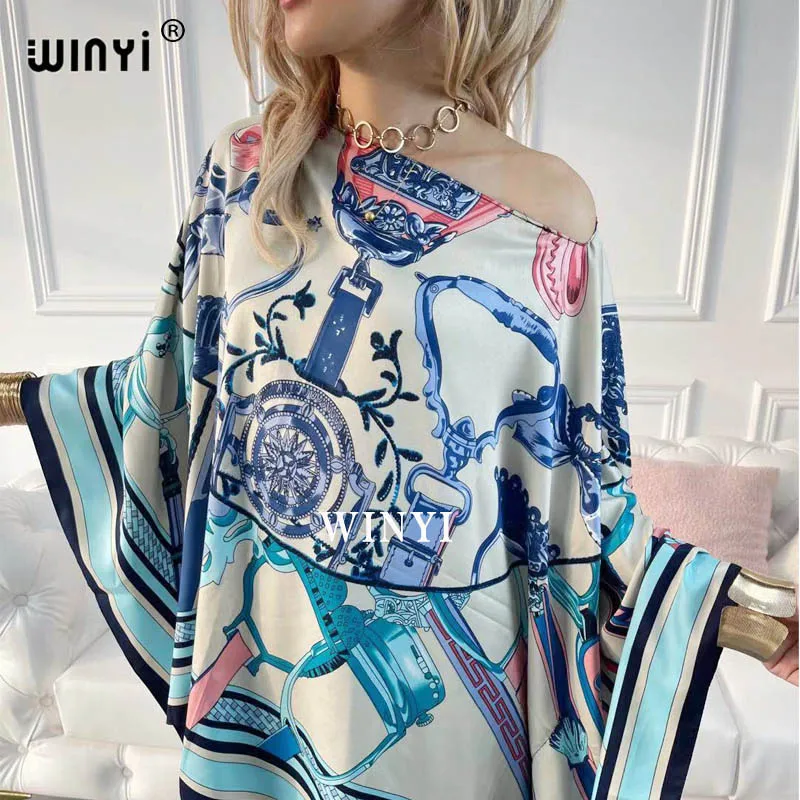 WINYI-traje de dos piezas con estampado bohemio para mujer, Vestido de manga de murciélago, seda elástica, largo hasta el suelo, talla grande,