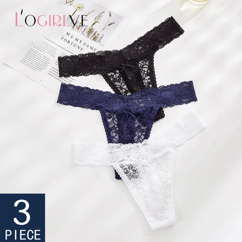 

Logirlve 3PCS Plus Size Bow-Knot Sexy Lace Thong Women Panties Ladies Panties Flower Comfort Female Underwear Underpanty Thong