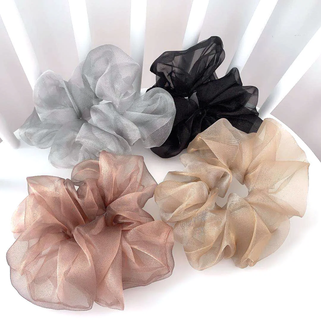 Korean Oversized Premium Shiny Organza Hair Scrunchies Statement Solid Transparent Hair Band Women Fashion Hair Rope Headdress