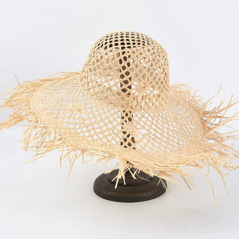 2024 Hand Woven Hollow Raffia Hat Women Wide Brim Beach Hats Outdoor Vacation Sun Hat Take Pictures Straw Hat Holiday Gift