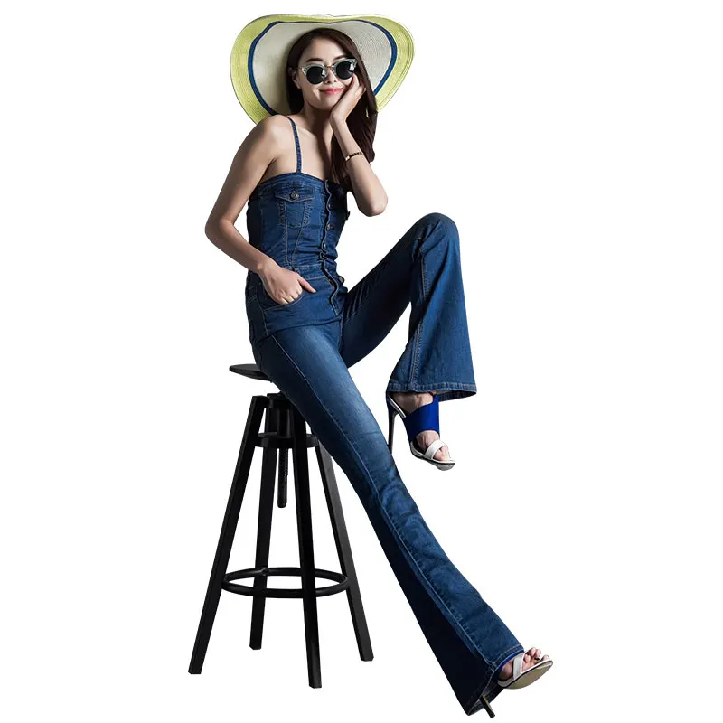 TIYIHAILEY Free Shipping Fashion Summer Denim Bib Pants High Waist Boot Cut Spaghetti Strap Jumpsuit For Tall Women size 24-30