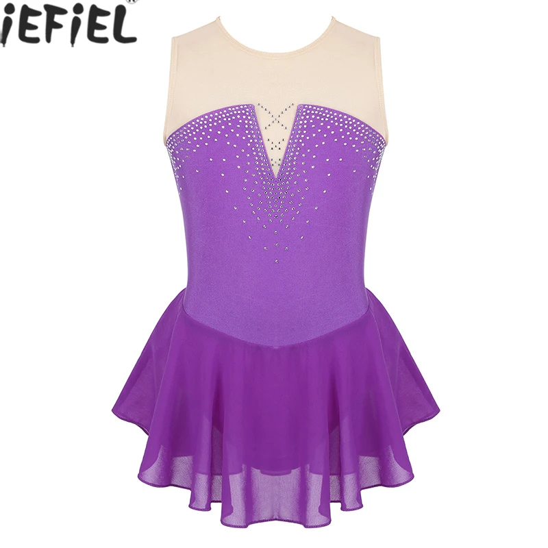 Dress For Girls Ballet Dance Gymnastics Leotard Dress Sparkly Inlaid Rhinestone Jumpsuits Mesh Splice Skating Bodysuits