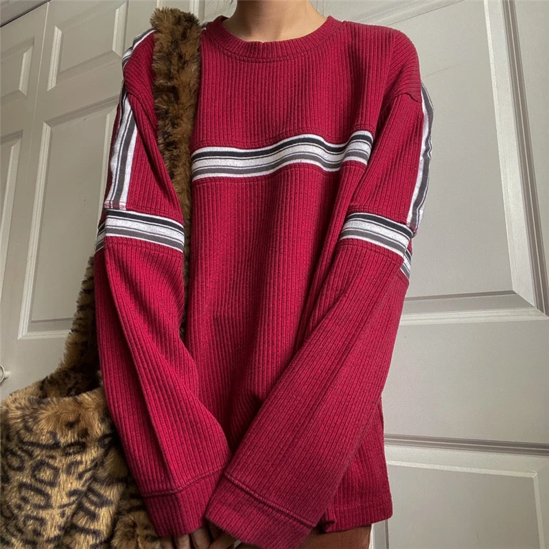 Dourbesty Women Vintage Sweatshirt Loose Style Striped Pattern Long Sleeve Round Neck Pullover Harajuku y2k Sweat Tops Oversize