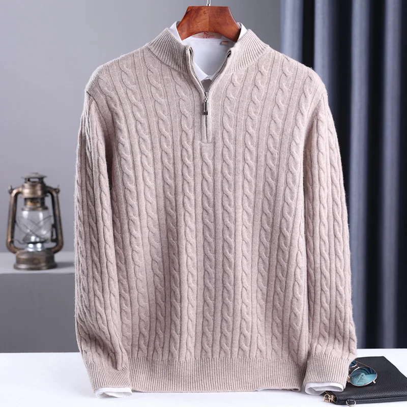 Autumn Winter 100% Wool Men's Slim Pullover Zipper Half High Neck Cashmere Knit Sweater Thick  Business Casual Large-Size Top