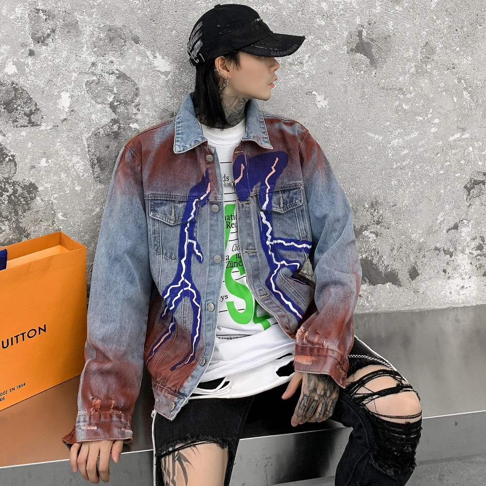 Mens Hip Hop Lightning Denim Jackets Fashion Graffiti Ripped Coats High Street Swag Outerwears 2020 New Spring Streetwear Jacket