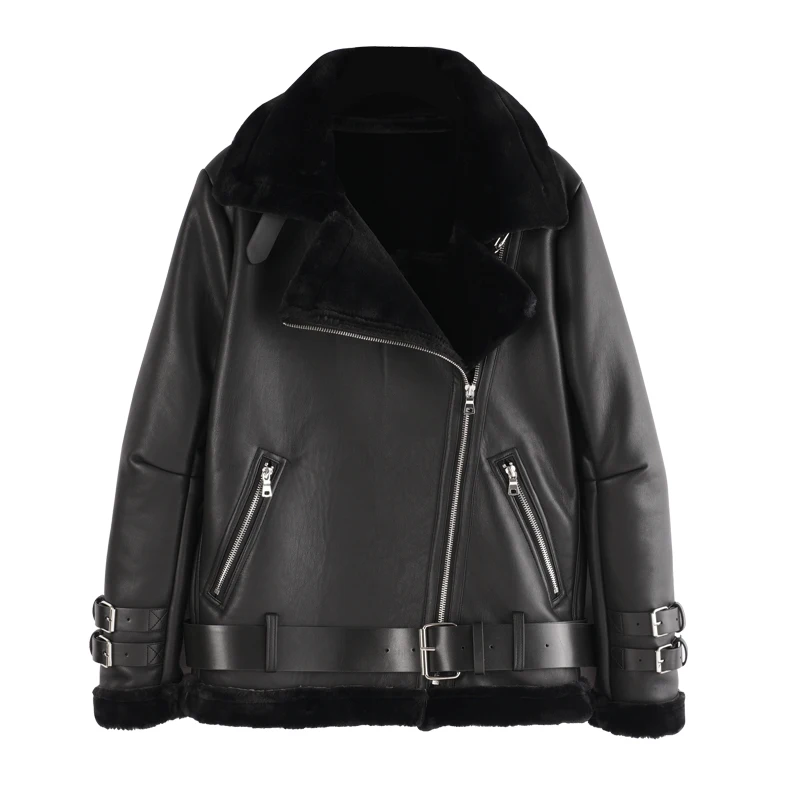 Blouson de motard en cuir PU femme noir, veste chaude et épaisse en laine d\'agneau, de haute qualité, avec ceinture à fermeture éclair, à la mode,