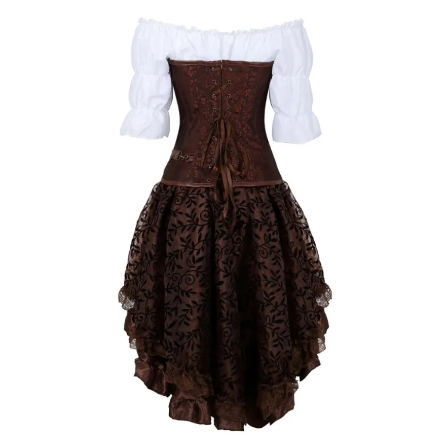 Steampunk Korsett Kleid Gothic PU Leder Korsett Crop Top Renaissance Bluse Mit Burlesque Rock Drei-Stück Set Pirate Kostüm