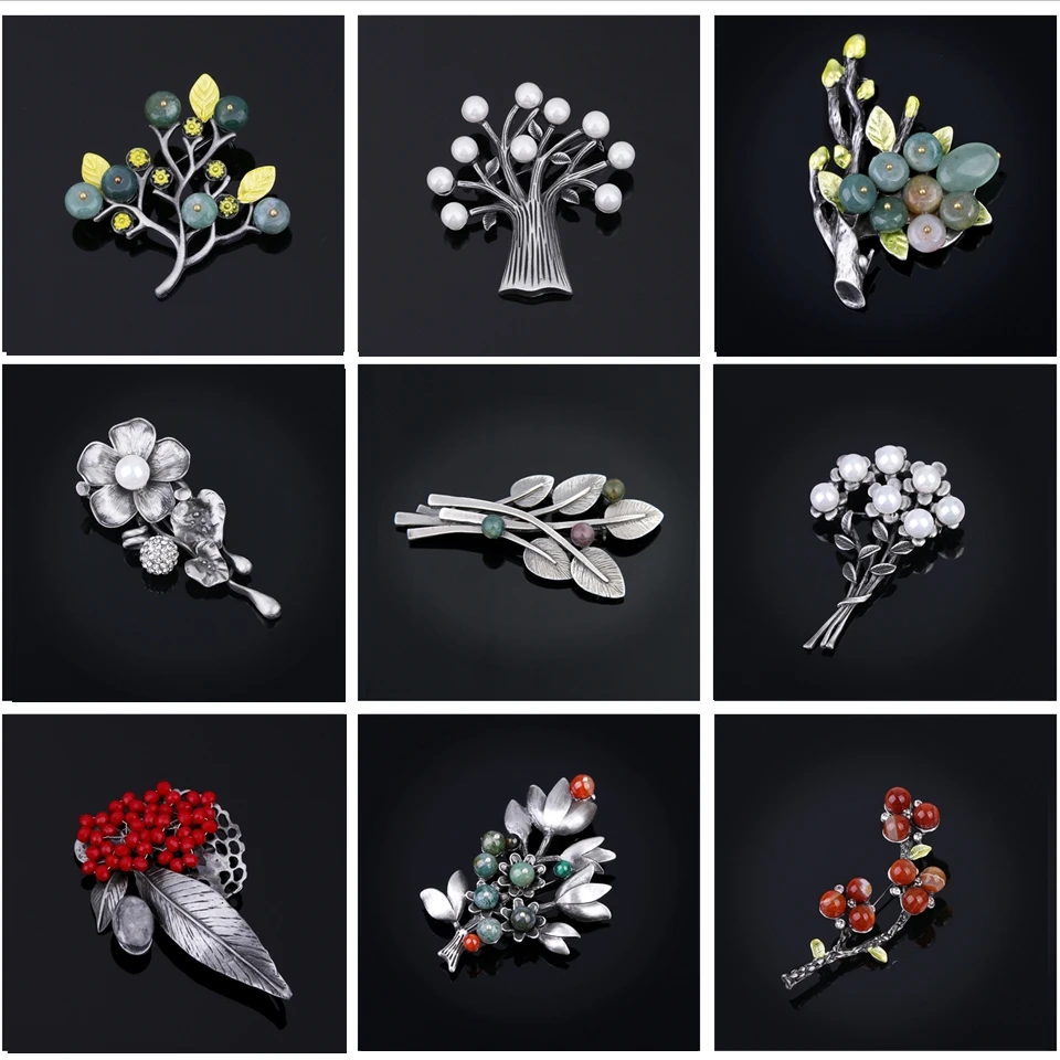 Vintage Brooches for Women Red White Green Beads Leaves Tree Flower Corsage Pin Simulated Pearl Jewelry Lapel Brooches Pins