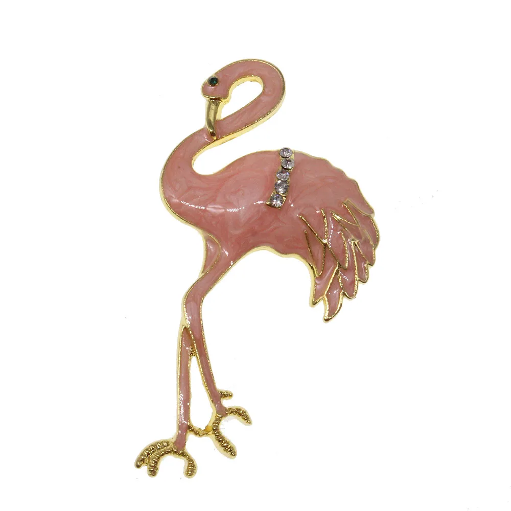 

100pcs/lot Fashion Summer Jewelry Gold Tone Flat Back Flamingo Bird Brooches For Women Pink Enamel Rhinestone Pin Brooch