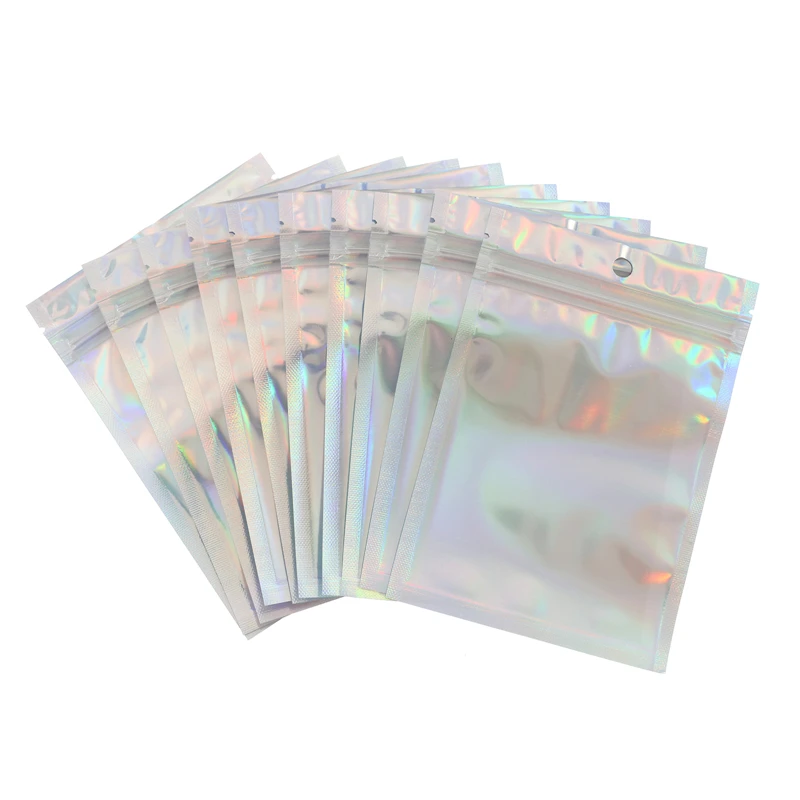 100Pcs Iridescent Zip lock Bags Pouches Cosmetic Plastic Laser Iridescent Bags Holographic Makeup Bags Hologram Zipper Bags