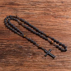 Black Lava Stone Yellow Tiger Eye Beaded Catholic Christ Cross Necklace Male and Female Mala Rosary Meditation Yoga Jewelry