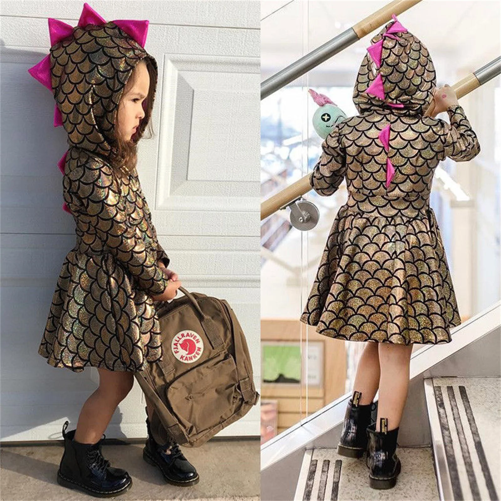 Baby Girls Dinosaur Princess Dress Children Fashion Gold Long Sleeve Party Dress With Hat Fish Scale Sequin Costume 1-5 Years