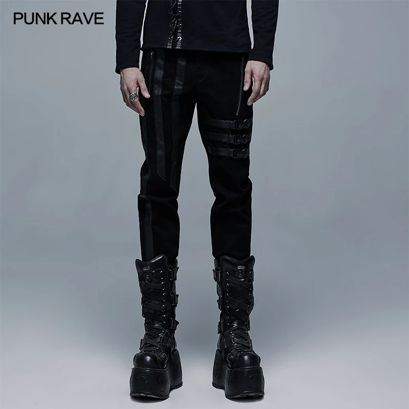 

PUNK RAVE Men's Dark Elastic Woven Black Long Pants Leg Loop Decorated Gothic Personality Fashion Casual Men Denim Trousers