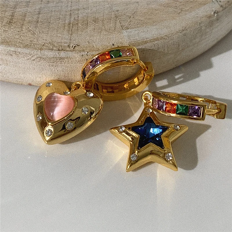 HangZhi 2021 Vintage Colorful Zircon Heart Star Asymmetry Drop Earrings Geometric for Women Girls Party Jewelry Gifts