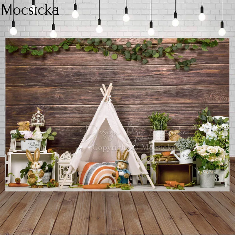 

Mocsicka Easter Bunny Spring Photocall Photography Backdrop Rabbit Rustic Wooden Decorative Baby Birthday Cake Smash Background