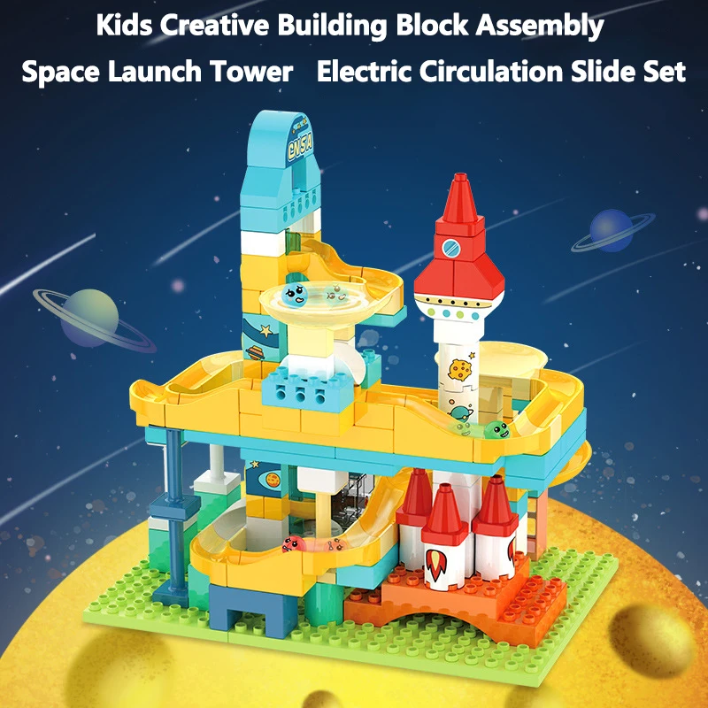 Kids Puzzle Creative Assembly Space Launch Tower Lovely Pattern Variety Model Rolling Ball Electric Circulation Slide Set Toys