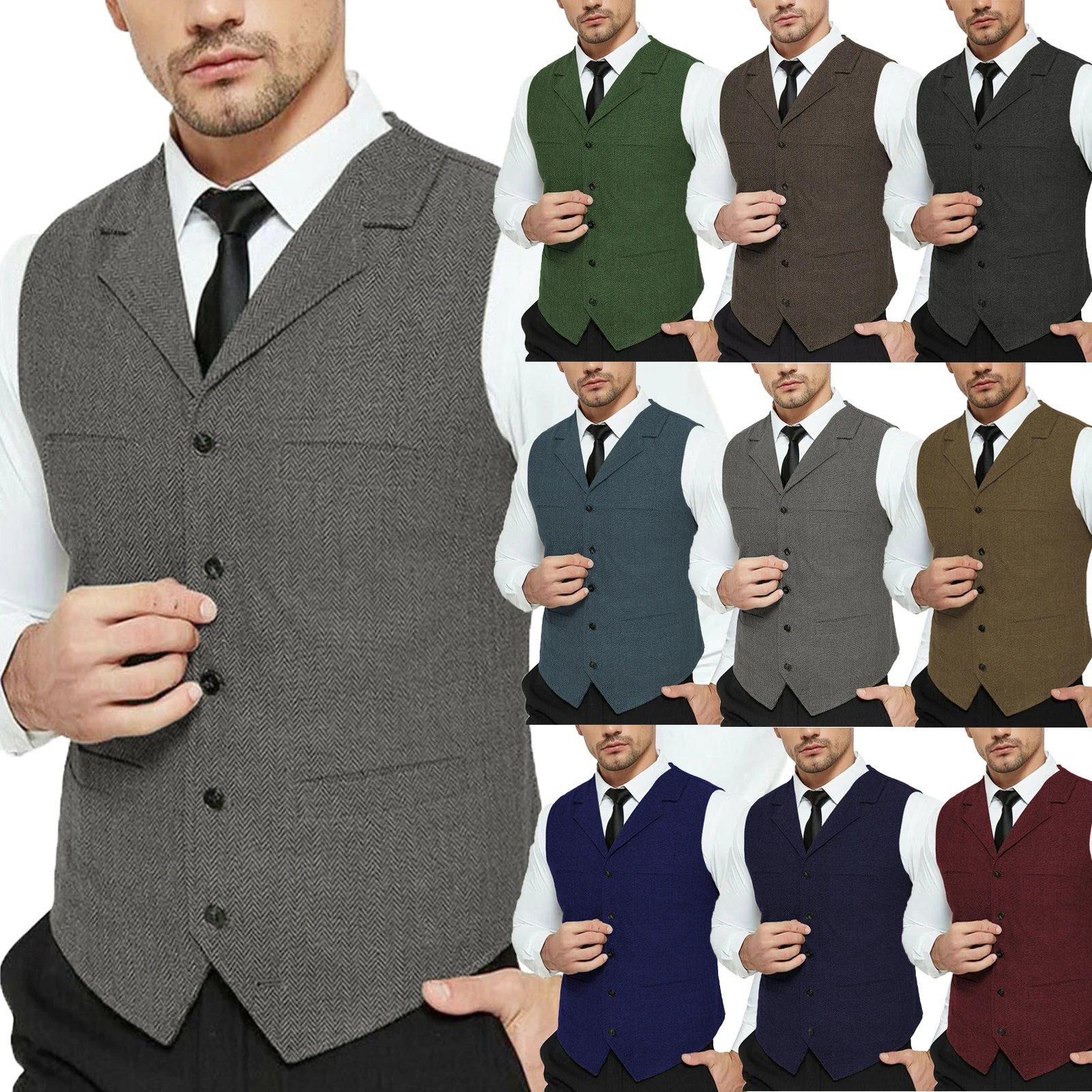 Men\'s Grey Herringbone Wool Tweed Slim Fit Leisure Cotton Suit Burgundy Vest Gentleman Business Waistcoat For Wedding