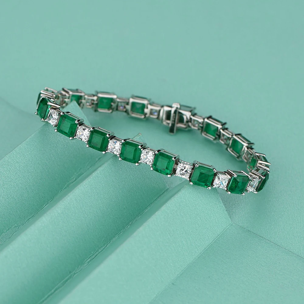 15-18cm 925 Sterling Silver Synthesis Colombian Emerald  Bracelets for Women S925 Silver Carbon Diamond Chain Bracelet Bangles