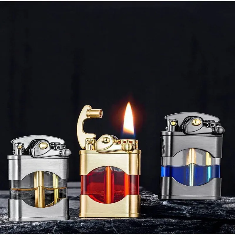 Zorro Kerosene Lighters Transparent Fuel Tank Metal Retro Grinding Wheel Rocker Lighter Visible Gas Window Men\'s Gifts