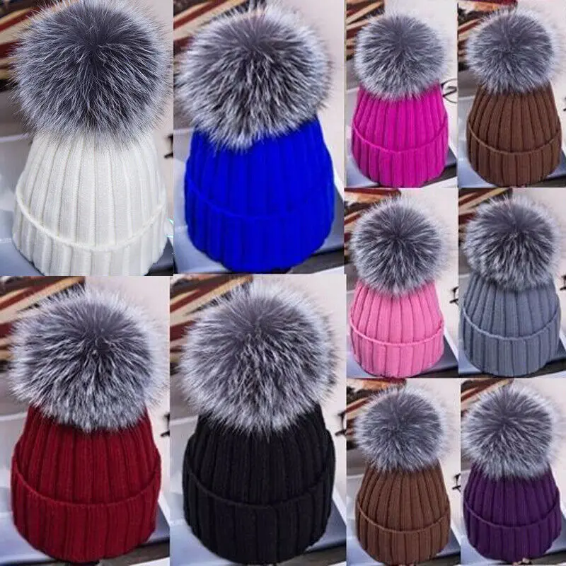 New Fashion Women Ladies Warm Winter Beanie Large Faux Fur Pom Pom Bobble Hat Knitted Ski Cap Black Blue White Pink